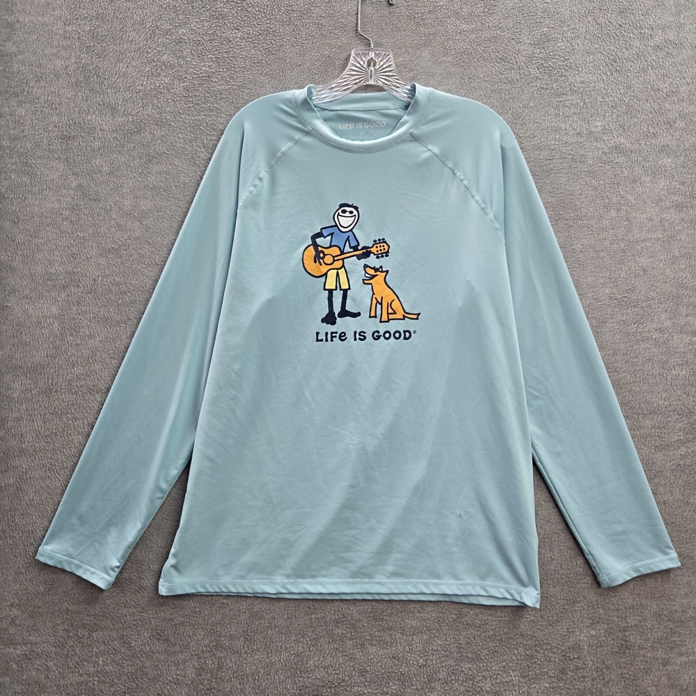 Life is Good Men Shirt Medium Blue Guitar Dog Logo Graphic Crew Neck Tee READ